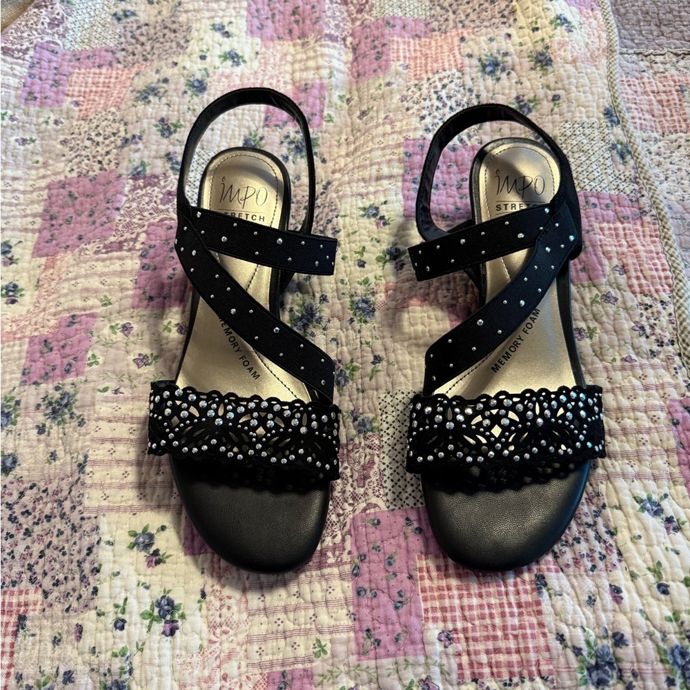 Impo Black Strappy Sandals with Rhinestone Accents